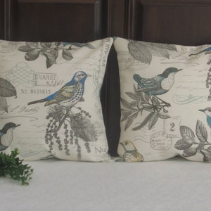 French Country Bird Print Pillow Cover, Vintage Style 14x14