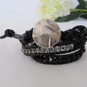 Black Wrap Bracelet, 3 x Wrap Bracelet, Black Leather Wrap Bracelet, Boho Wrap Bracelet, Black and Silver Wrap Bracelet, Bohemian