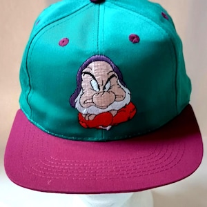 May include: A teal and magenta baseball cap featuring an embroidered image of Grumpy from Snow White. The cap has a magenta bill and button, with a teal crown. The Grumpy character is depicted with a frowning expression.