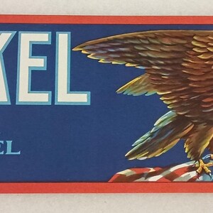 May include: Vintage fruit label with a blue background and a red border. The label features the word "DUNKEL" in large white letters, a detailed illustration of an eagle, and the text "MUSCATS". The label also includes the text "PRODUCE OF U.S.A."