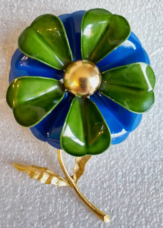 Vtg Large Metal & Enamel Blue Green Flower Estate 