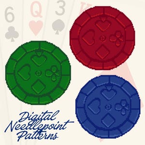 Fichas para juegos de secuencia / Diseños de fichas rojas, verdes y azules / Descarga digital / Bordado de aguja de 18 hilos
