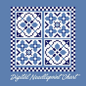 Può includere: Uno schema digitale per ricamo a mezzo punto con una griglia quadrata di quattro distinti motivi geometrici in blu navy, azzurro e bianco. Il design è racchiuso da un bordo a scacchi e include il testo Digital Needlepoint Chart.