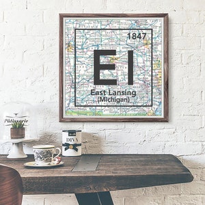 East Lansing Michigan El Retro Vintage Periodic Map UNFRAMED ART PRINT poster wall home decor housewarming gift for family, All sizes