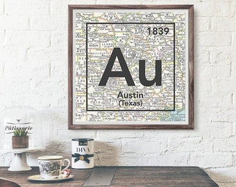 Austin Texas Vintage retro Periodic Map UNFRAMED ART PRINT poster wall home decor housewarming Christmas gift for family, All sizes