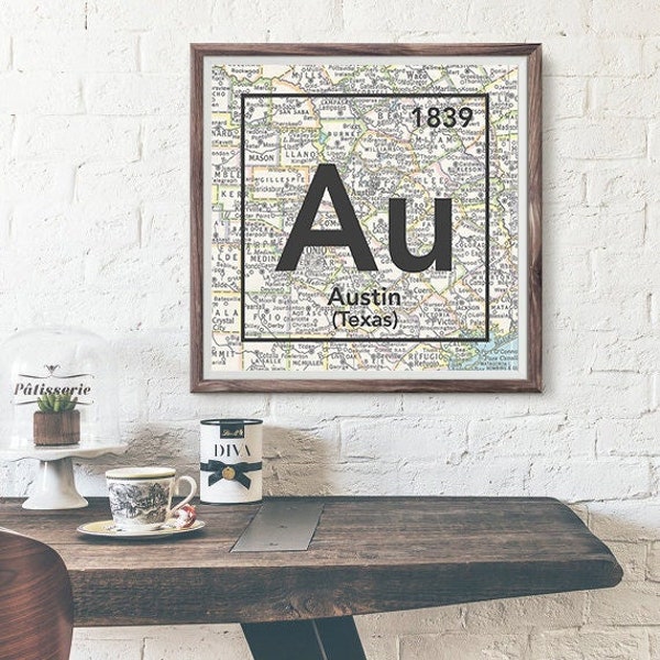 Austin Texas Vintage retro Periodic Map UNFRAMED ART PRINT poster wall home decor housewarming Christmas gift for family, All sizes