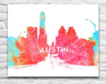 Austin Texas Congress Avenue Skyline Cityscape Watercolor Ink blot Art Print DIGITAL DOWNLOAD for diy printable, Texas Longhorns ,8x10 11x14