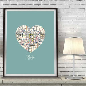 Houston Texas Heart Vintage Map ART PRINT, Houston art print, Houston Texans Astros, gift for couple, wedding gift Christmas gift for her