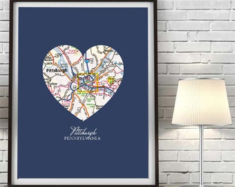 Pittsburgh Pennsylvania Heart Vintage Map ART PRINT, City print, state print, pittsburgh steelers pirates penguins, Christmas gift for her