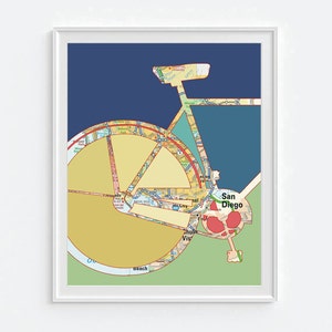 San Diego California Bicycle Vintage Map ART PRINT, Bicycle bike biking cycling art, gift for couple her, wedding gift, beach art All Sizes