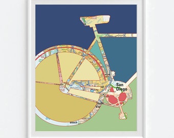 San Diego California Bicycle Vintage Map ART PRINT, Bicycle bike biking cycling art, gift for couple her, wedding gift, beach art All Sizes