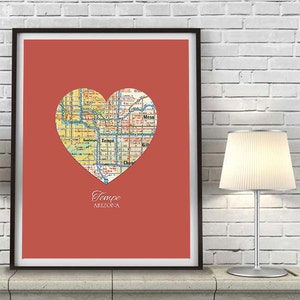 Tempe Arizona Heart Vintage Map ART PRINT, Phoenix print, City map, Arizona Cardinals, Arizona art, state map gift ,Christmas gift for her