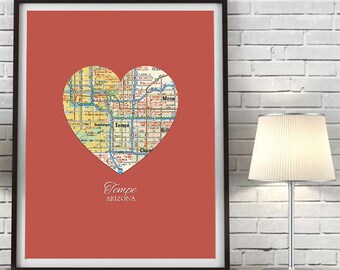 Tempe Arizona Heart Vintage Map ART PRINT, Phoenix print, City map, Arizona Cardinals, Arizona art, state map gift ,Christmas gift for her