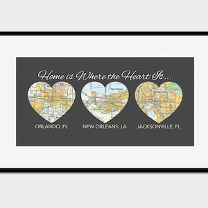 La maison est là où se trouve votre cœur, cadeau de Noël, 3 cartes personnalisées - Non encadrées - vintage Heart Map Art Print, lune de miel, cadeau de carte vintage, cadeau de mariage