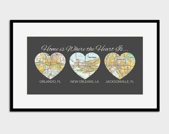 Custom Vintage Map Art Print, 3 City Heart Locations, Wedding Gift