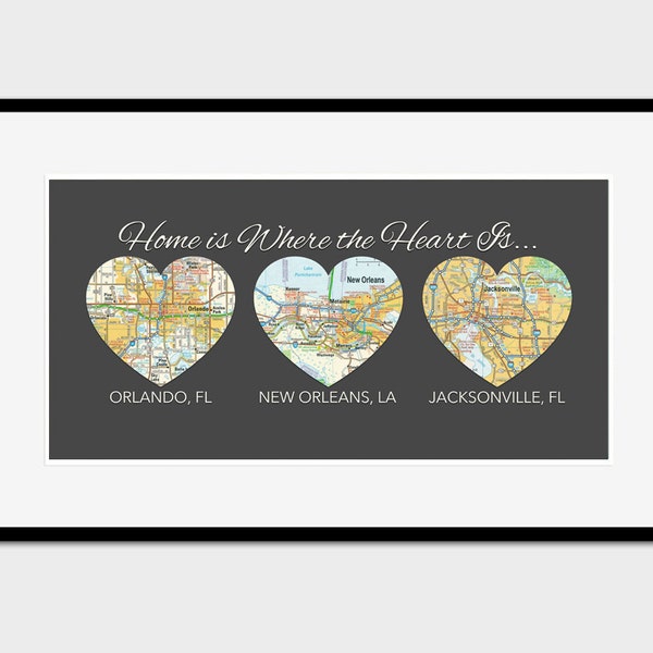 Home is where your heart is, Christmas gift, 3 CUSTOM Maps- Unframed- Vintage Heart Map Art Print, honeymoon, vintage map gift, wedding gift