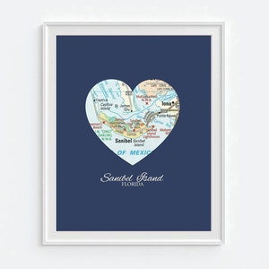 Sanibel Island Florida Heart Map Art Print, Valentine Gift