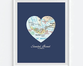 Sanibel Island Florida Heart Vintage Map ART PRINT City Valentine home travel retro beach vacation housewarming gift, Christmas gift for her