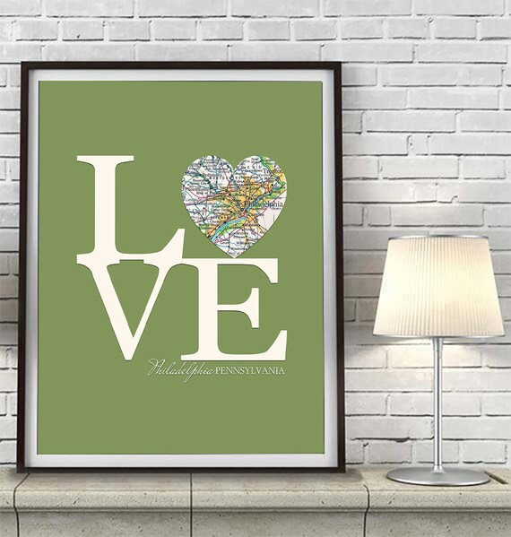 Philadelphia LOVE Map Art Print, Pennsylvania Vintage Heart