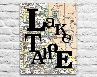 Lake Tahoe California Nevada vintage typography Map DIGITAL DOWNLOAD for you 2 Print City town diy printable gift vintage map 8x10 11x14