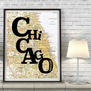Chicago Illinois Typography Vintage Map ART PRINT, Chicago gift, Illinois art, Chicago Bears Chi Town Windy City art, gift for couple