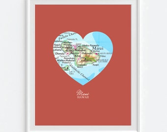 Maui Hawaii Heart Vintage Map ART PRINT, Maui Hawaii art map print poster, gift for couple,wedding gift, Christmas gift for her, honeymoon