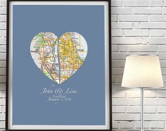 Custom Vintage Map Heart Art Print, Couples Wedding Gift