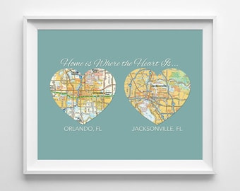 Custom Vintage City Map Heart Print, Couple Gift (Unframed)