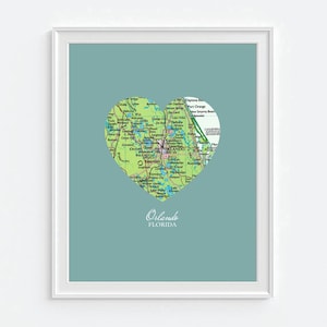 Orlando Florida Heart Vintage Map ART PRINT,Orlando Florida Magic Disney World art map, gift for couple,wedding gift, Christmas gift for her