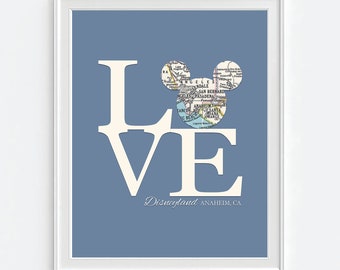 Disneyland Map Art Print, Mickey Ears, Gift for Couple