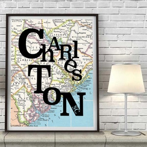 Charleston South Carolina Typography Vintage Map ART PRINT, vintage map poster wall decor art, gift for couple housewarming moving travel