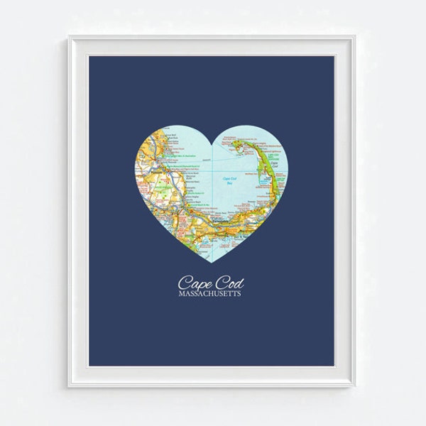 Cape Cod Massachusetts Heart Vintage Map ART PRINT City map, Cape Cod beach art, gift, wedding gift, gift for couple, Christmas gift for her
