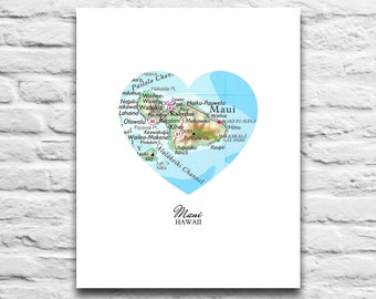 Maui Hawaii Heart Map DIGITAL DOWNLOAD for you 2 Print City town home state travel retro diy printable gift saints, 8x10 11x14