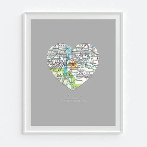 Charlotte North Carolina Heart Vintage Map ART PRINT, vacation beach art map print, gift for couple,wedding gift, Christmas gift for her