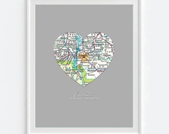 Charlotte North Carolina Heart Vintage Map ART PRINT, vacation beach art map print, gift for couple,wedding gift, Christmas gift for her