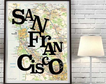 San Francisco CaliforniaTypography Vintage retro Map ART PRINT poster wall home decor housewarming wedding engagement gift, All sizes