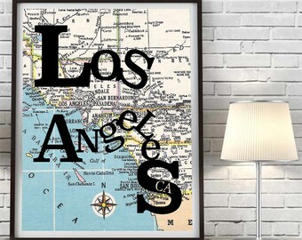 Los Angeles California Typography Vintage retro Map ART PRINT poster wall home decor housewarming wedding engagement gift, All sizes