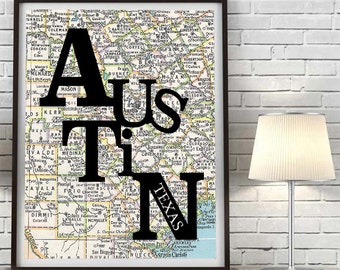 Austin Texas UT Longhorns Congress Typography Vintage Map ART PRINT vintage map poster decor art, gift for couple housewarming moving travel