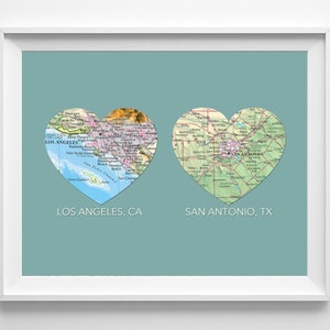 First Anniversary gift, Romantic Heart Maps with YOUR 2 CITIES- Unframed, honeymoon, Christmas present, gift for him, bridal shower wedding