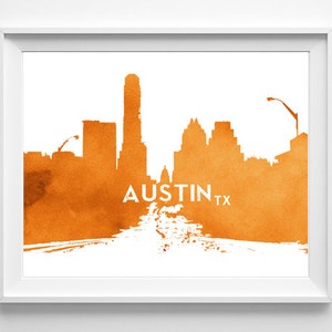 Austin Texas Longhorns City Skyline watercolor ink blot ART PRINT City state urban hometown home poster housewarming gift, All Sizes