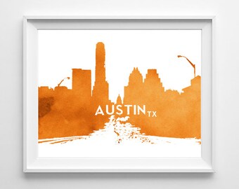 Austin Texas Skyline Watercolor Art Print, Longhorns, Cityscape