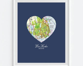 Bar Harbor Maine Heart Map Art Print, Vintage Style
