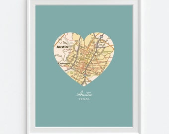 Austin Texas Heart Map Art Print, Retro Vintage Style