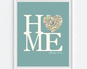 Austin Texas HOME Map Art Print, Retro City Poster