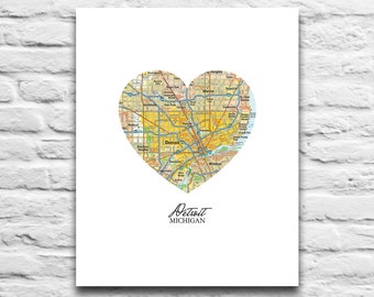 Detroit Michigan Vintage Heart Map DIGITAL DOWNLOAD for you 2 Print poster City town home state travel diy printable gift,8x10 11x14