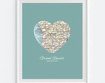 Grand Rapids Michigan Heart Vintage Map ART PRINT City map art, state map gift, wedding gift, Christmas gift for her, gift ideas