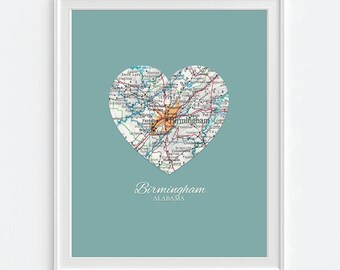 Birmingham Alabama Home Map print Heart Vintage Map ART PRINT City map, crimson tide, state map gift, wedding gift, Christmas gift for her