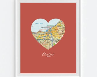 Cleveland Ohio Heart Vintage Map ART PRINT, Cleveland Cavaliers Browns Indians art map, gift for couple,wedding gift, Christmas gift for her