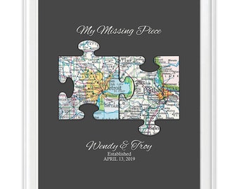 My Missing Piece - Personalize and Customized Wedding Vintage Maps Couple ART PRINT, Wedding Valentines Day Engagement Anniversary Gift