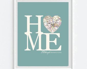 Pittsburgh Pennsylvania Home Map Art Print, Vintage Heart Design
